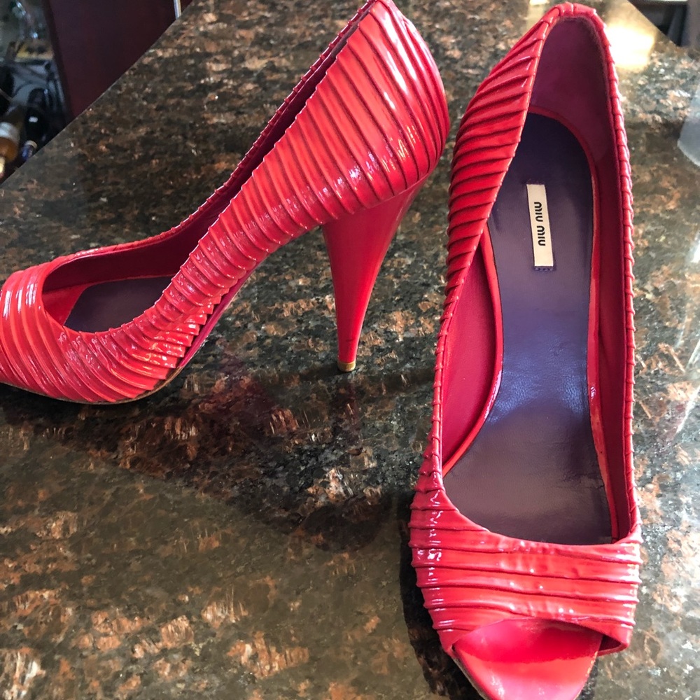 Miu Miu Red Patent Leather Peep Toe Pumps